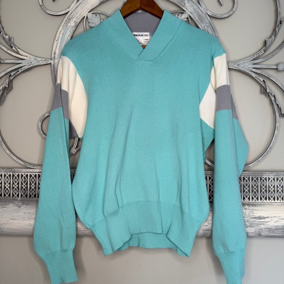 Obermeyer Sweaters - Obermeyer Sarah Vintage 80s Teal Colorblock Wool Blend‎ Ski Sweater Womens L EUC